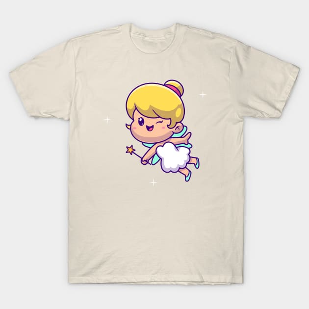 Cute Fairy Floating With Magic Wand Cartoon T-Shirt by Catalyst Labs